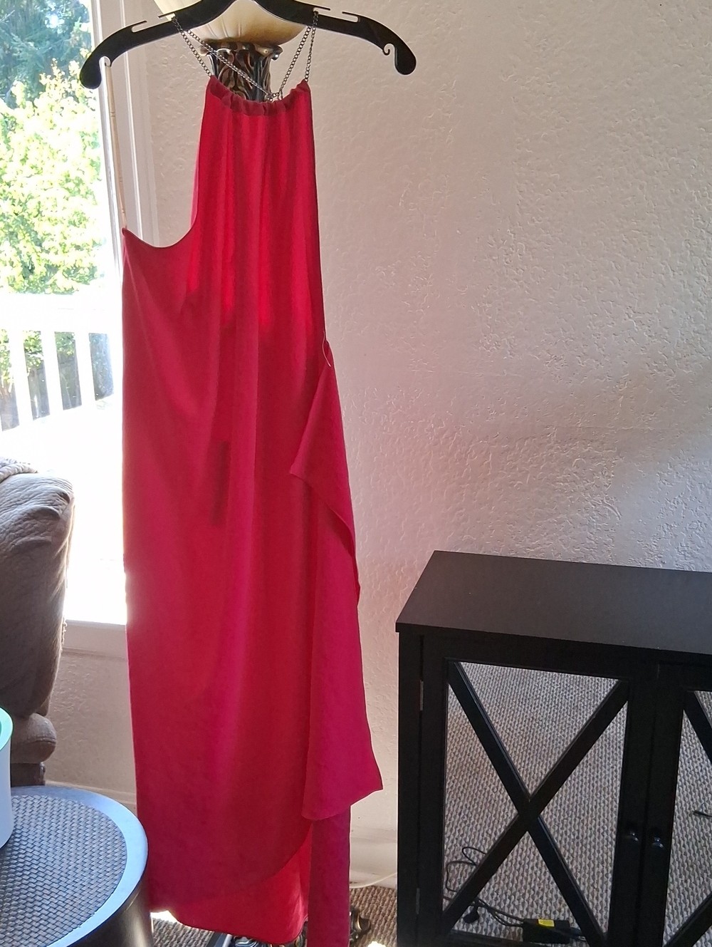 Halston Heritage Fuchsia One-Shoulder Maxi Dress with Chain Accent